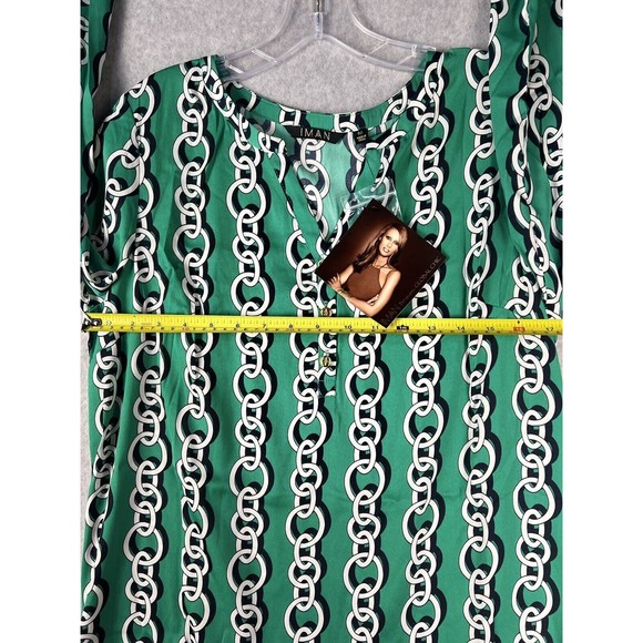 IMAN Tunic Jade GLOBAL CHIC V Neck Chain Link Flowy Blouse Corpcore Twee Office - Picture 6 of 16